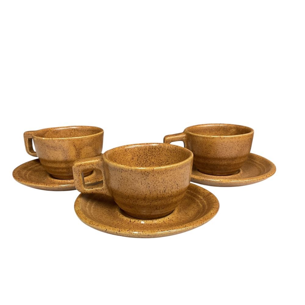 Monmouth Set of 3 Cups and Saucers Stoneware Rustic‎ Brown Ceramic